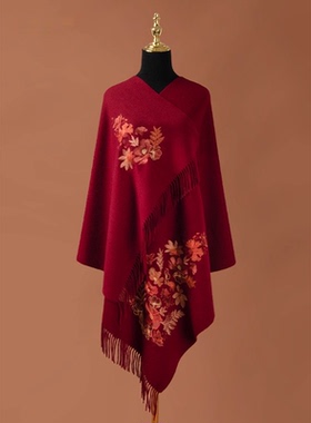 中国风羊毛旗袍披肩女冬季刺绣围巾多功能婚礼外搭披肩秋冬红色