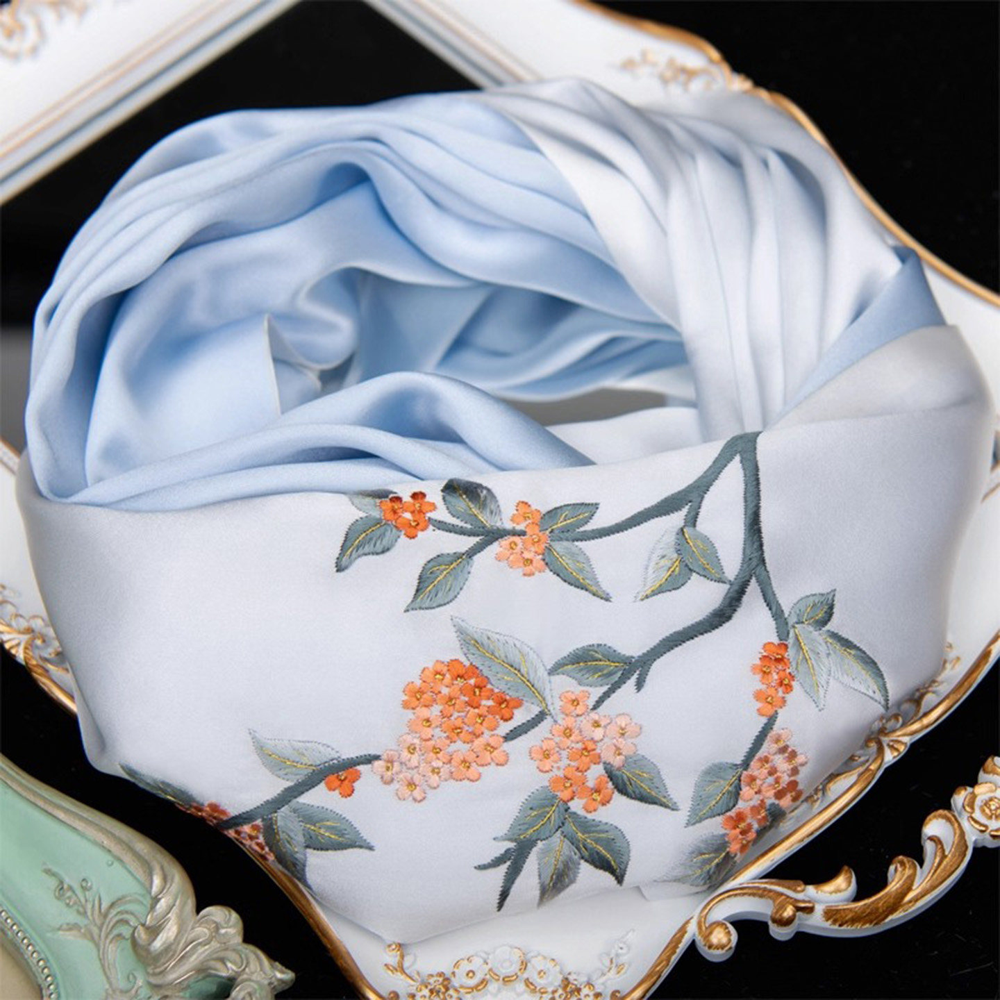 中国风真丝丝巾女苏绣手工刺绣桑蚕丝桂花金秋送妈妈婆婆礼盒围巾