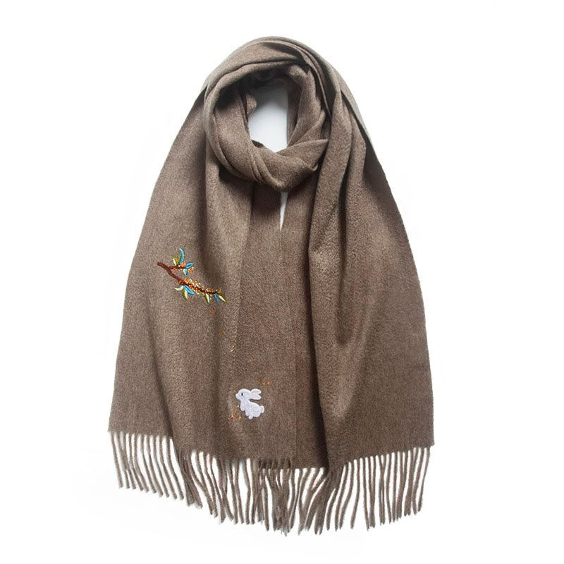 秋冬季纯山羊绒围巾女款保暖纯手工双面刺绣桂花兔子送女朋友礼物