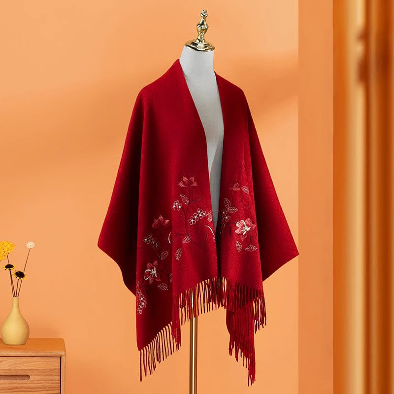 高端冬季红色羊毛围巾女结婚礼服旗袍妈妈喜婆婆婚宴外搭羊绒披肩