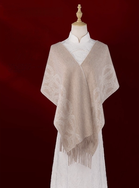 中国风刺绣羊毛围巾女冬季流苏披肩送妈妈实用长款红色保暖礼盒装