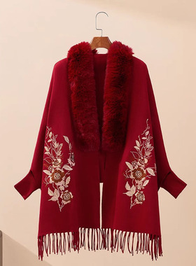 2025新款国风红色披肩外套斗篷外搭披风妈妈款喜婆婆婚宴结婚礼服