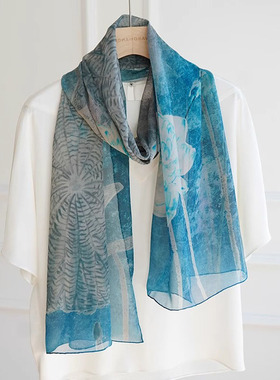 蓝色（长巾）高级真丝雪纺50*180桑蚕丝沙滩巾防晒披肩丝巾女新款