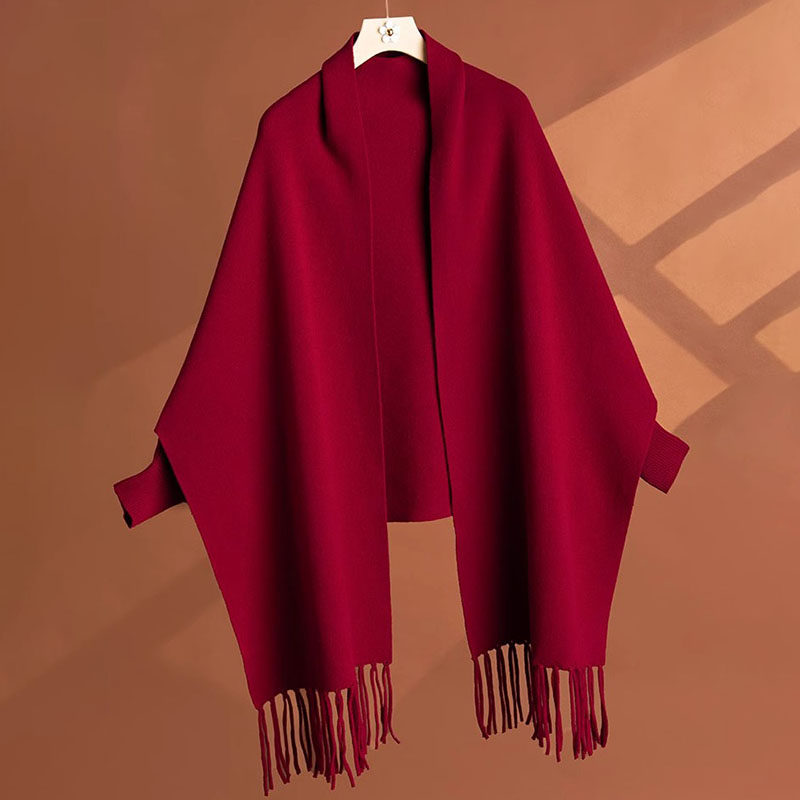 冬季新款羊绒披风外套红色羊毛围巾旗袍披肩外搭女婚礼喜妈妈斗篷