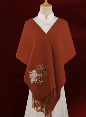 2025年新款红色纯羊毛围巾外搭妈妈款高端婚宴礼服披肩生日礼盒装