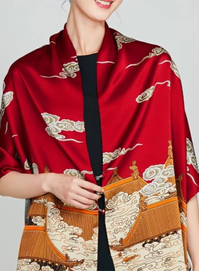 春2025新款披肩桑蚕丝外搭高端中式盘扣婚礼妈妈红色长款真丝丝巾