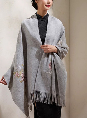 秋秋季外搭红色围巾100%羊毛配旗袍披肩婚礼喜婆婆妈妈女婚宴礼服