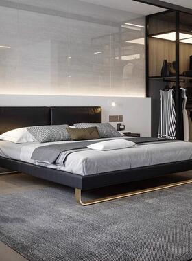 朴笙记平板黑色真皮床现代简约北欧意式极简主卧婚床榉木大床轻奢