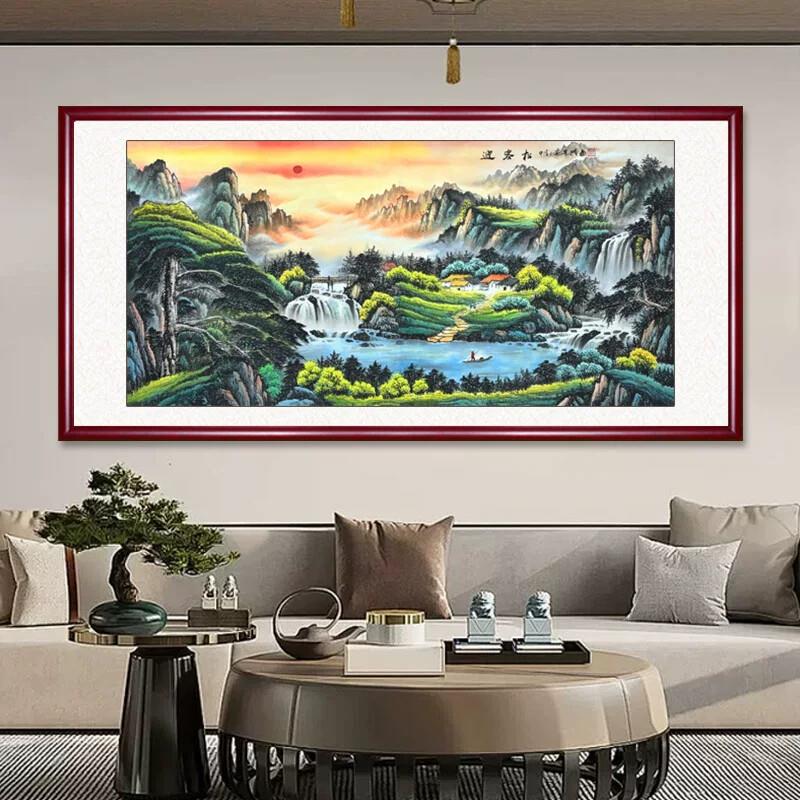 纯手绘迎客松山水画客厅装饰画新中式字画办公室风水靠山招财挂画