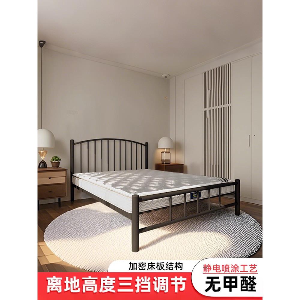 现代简约黑色铁架床民宿单人床轻奢铁艺床网红覆古双人床加粗铁床