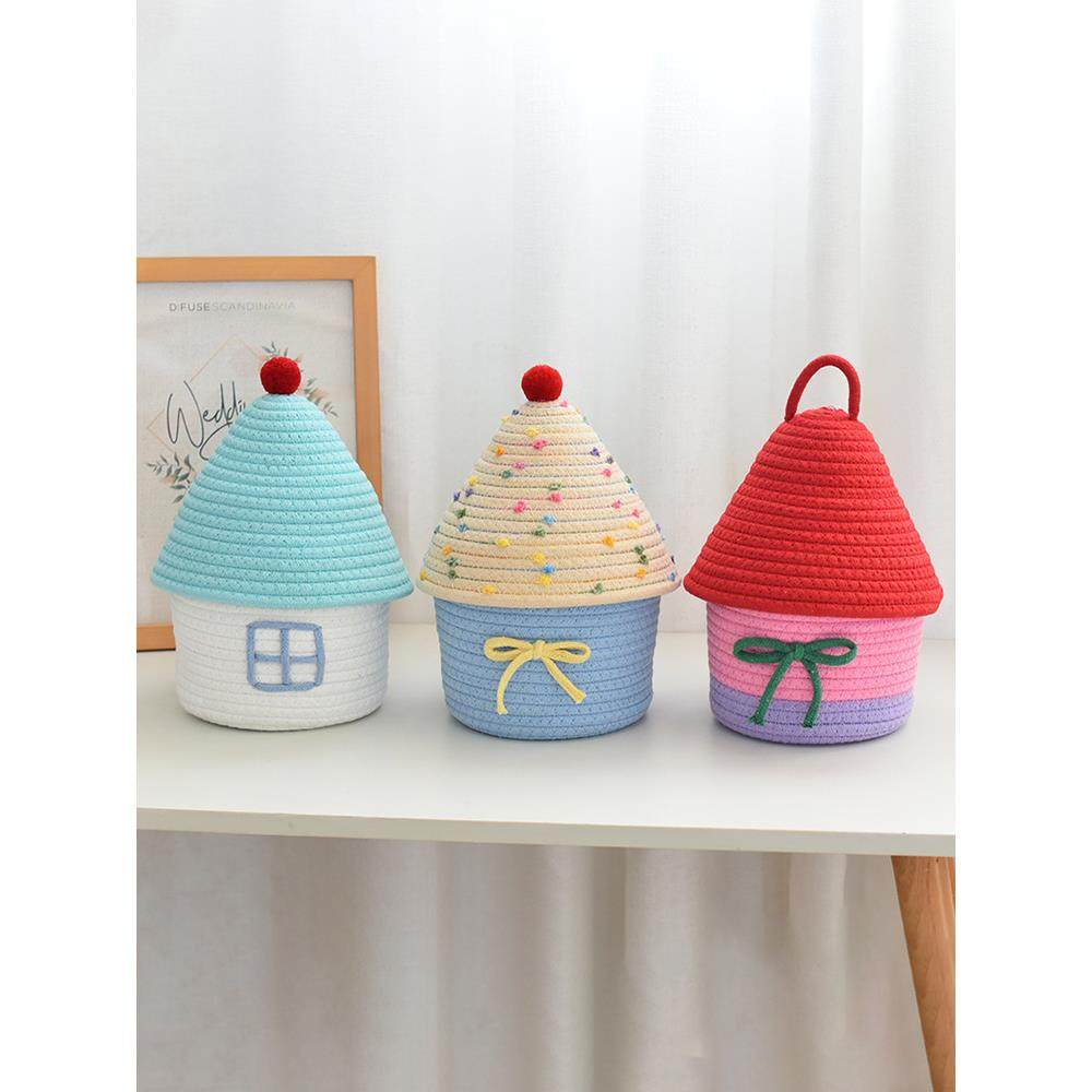 Epeiushome棉线编织储物篮可爱创意客厅卧室盖小房子储物篮装饰