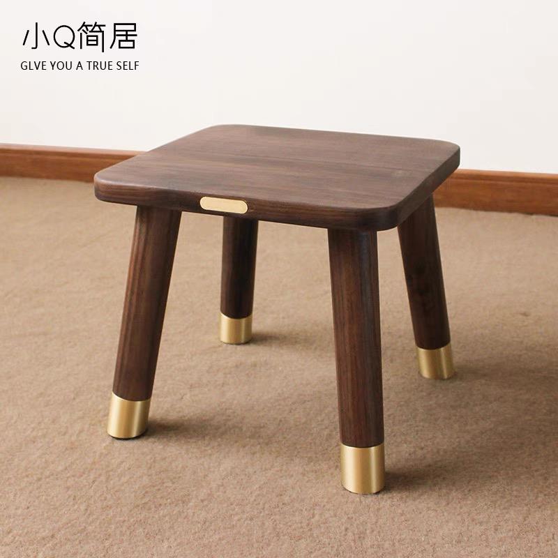 实木黑胡桃小板凳家用儿童换鞋凳新中式进口矮凳黄铜配饰小木凳子