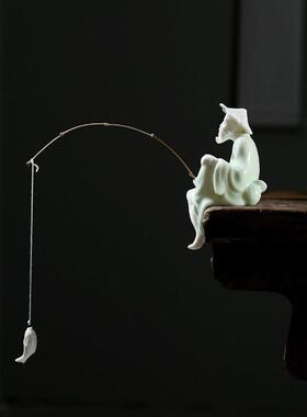 钓鱼摆件姜太公微景观陶瓷钓鱼渔翁人物鱼缸水族箱流水器造景装饰