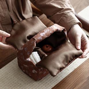 宜物宜心户外旅行茶具收纳包布艺一壶两杯云纱收纳袋可携式 茶壶收