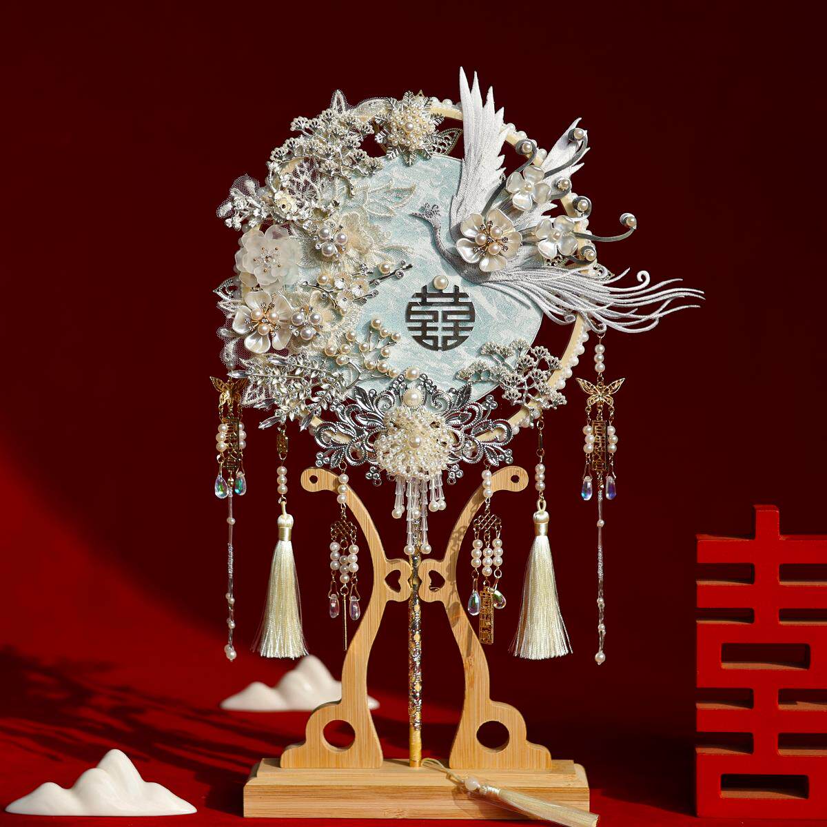 银蓝色团扇双面高级出嫁新娘扇子成品中式婚礼秀禾喜扇diy材料包