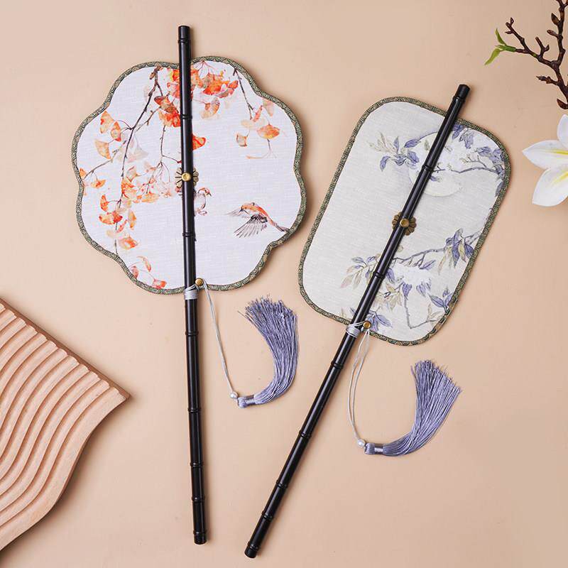 中国风古画长柄紫竹腰扇汉服搭配可折叠旋转长流苏团扇可换扇面