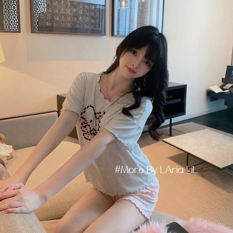 LAria*软萌小kt 日系甜妹纯欲莫代尔家居服睡衣女带胸垫夏季休闲