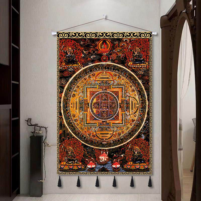藏式唐卡挂画布艺挂毯装饰画竖版壁画墙布玄关过道挂布背景布定制