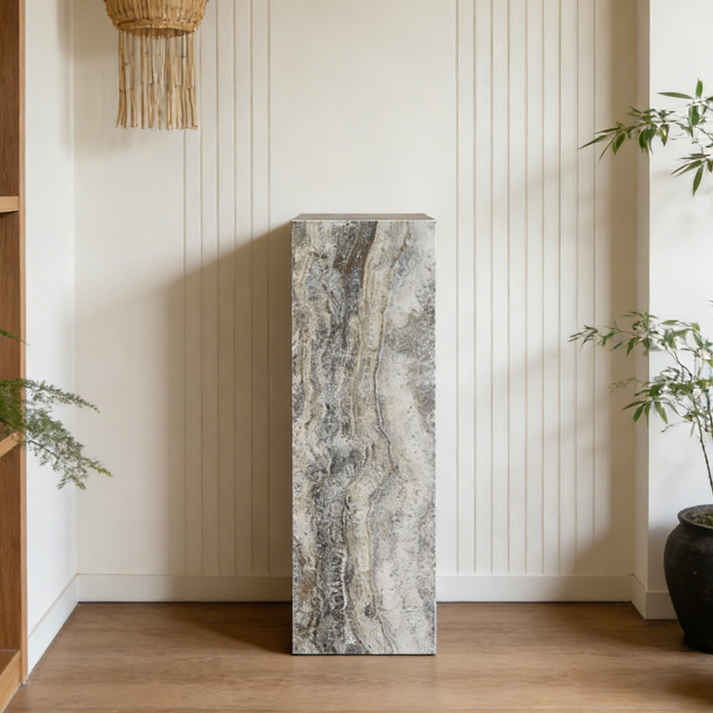 新中式天然洞石立柱灰色大理石摆件底座高级感客厅玄关石墩子定制