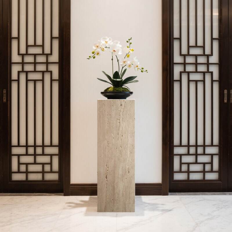 天然洞石立柱中式酒店别墅客厅玄关装饰大理石底座花盆石墩摆件台