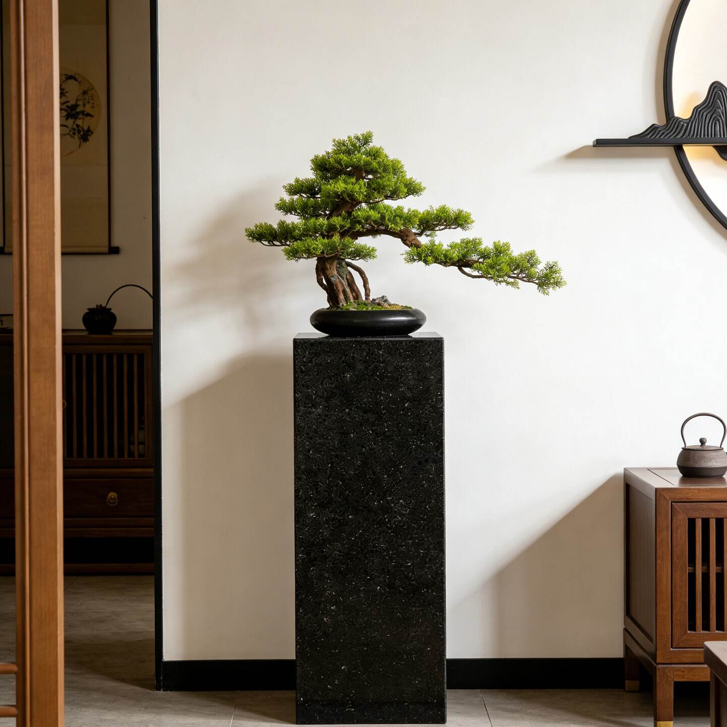 黑色洞石天然大理石底座酒店别墅客厅玄关石柱花架摆件底座雕塑台