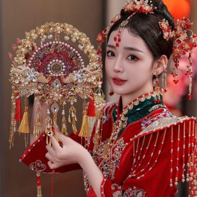 红色蕾丝新娘结婚秀禾服团扇新中式双面DIY遮面红色成品喜扇团扇