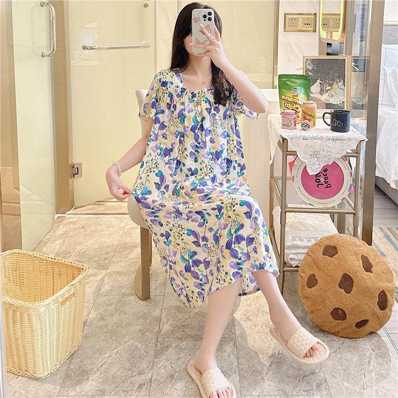 凉感可外穿棉绸睡裙女夏季短袖人造棉睡衣柔软睡觉碎花居家洋装,女士内衣/男士内衣/家居服,睡裙,淘宝优惠券,粉丝福利购,淘宝优惠卷