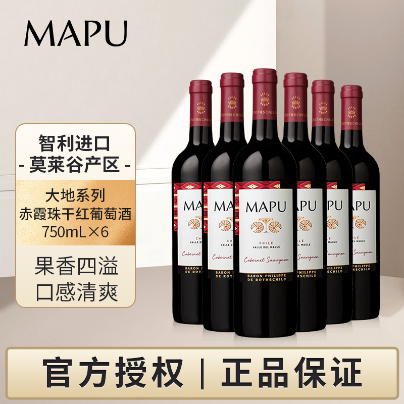 大地MAPU赤霞珠干红葡萄酒智利原瓶进口红酒750ml六支整箱