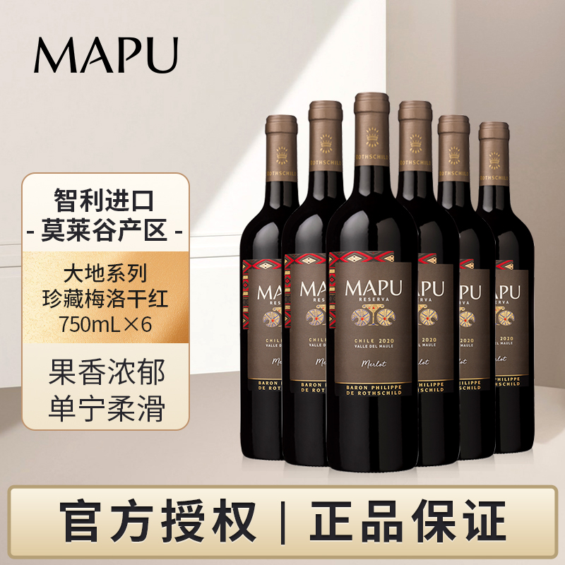 大地MAPU珍藏梅洛干红葡萄酒智利原瓶进口红酒750ml六支整箱