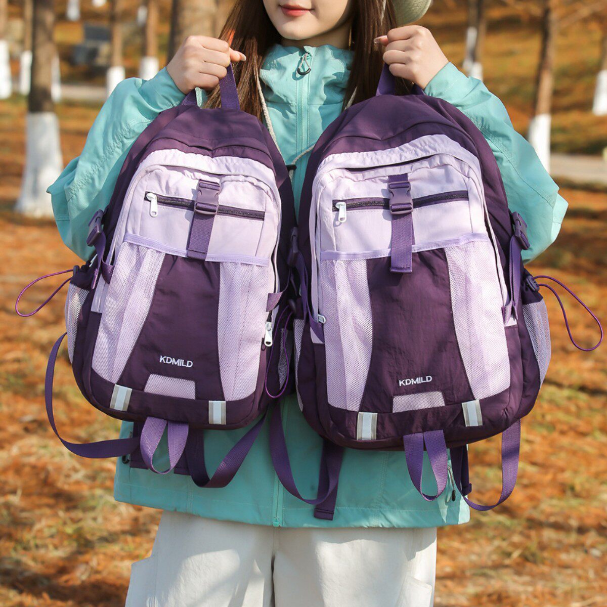 户外运动大容量紫色双肩包女多功能轻便学生上课书包徒步登山背包