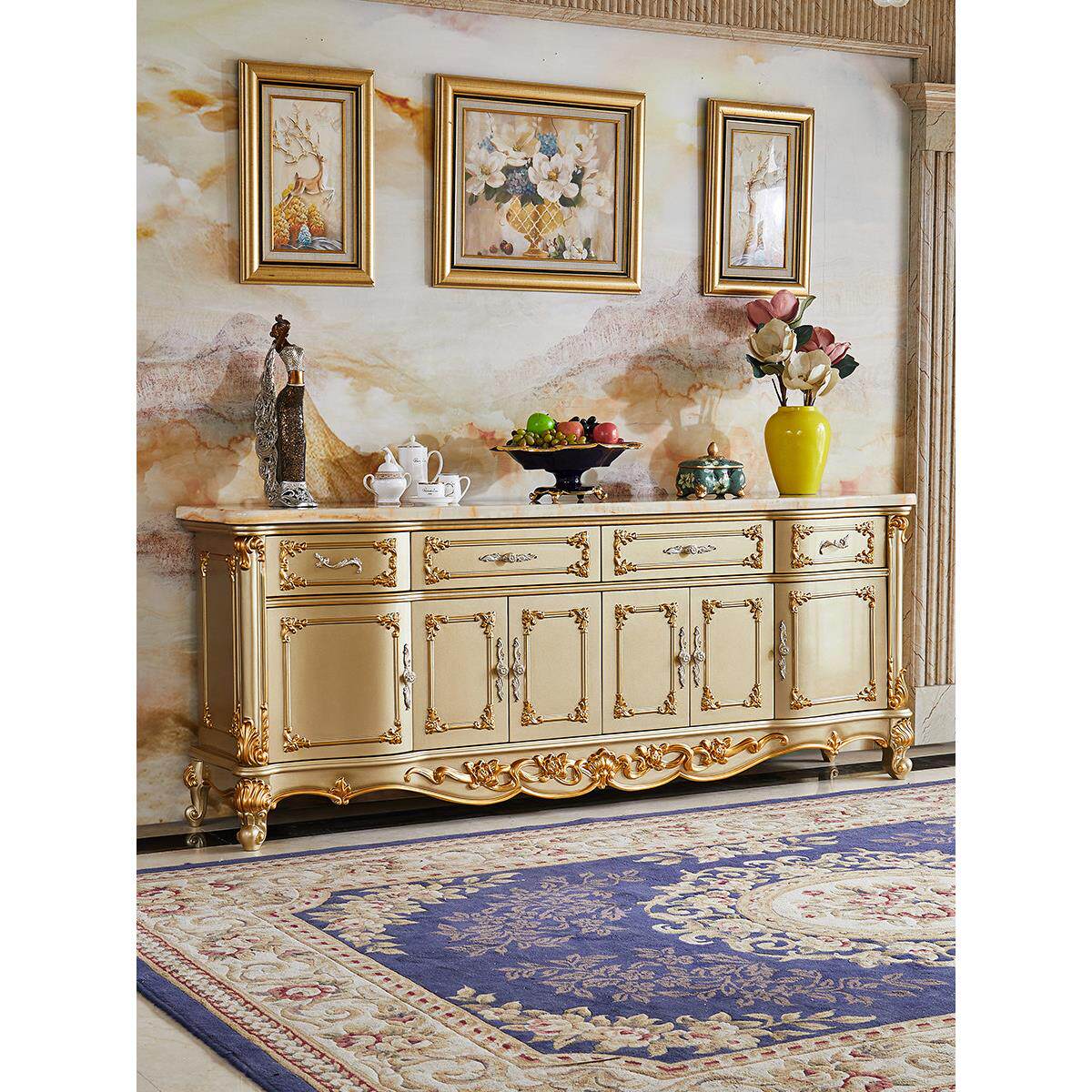 欧式大理石餐具柜实木雕刻收纳柜客厅隔断入口柜沙发后柜茶柜