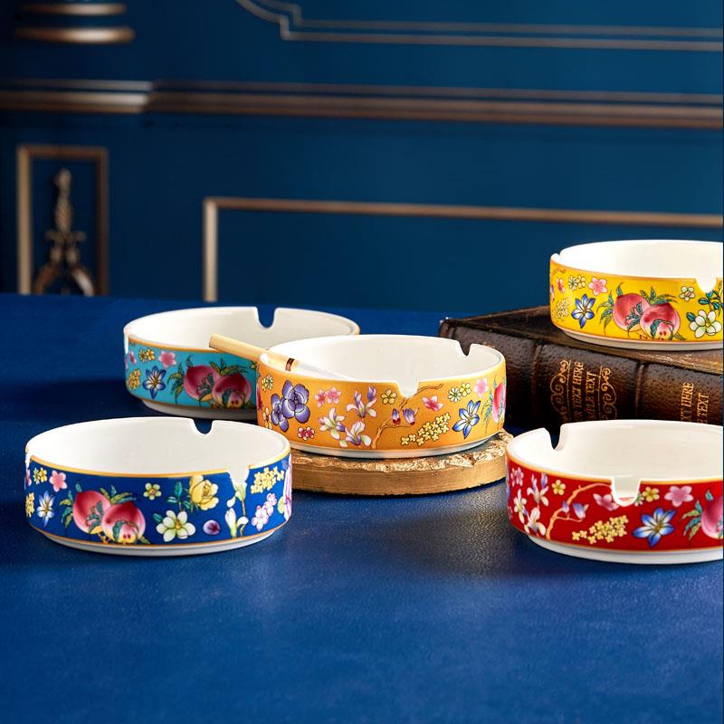 描金珐瑯彩骨瓷烟灰缸家用客厅办公室高档宫廷风陶瓷烟灰缸景德镇