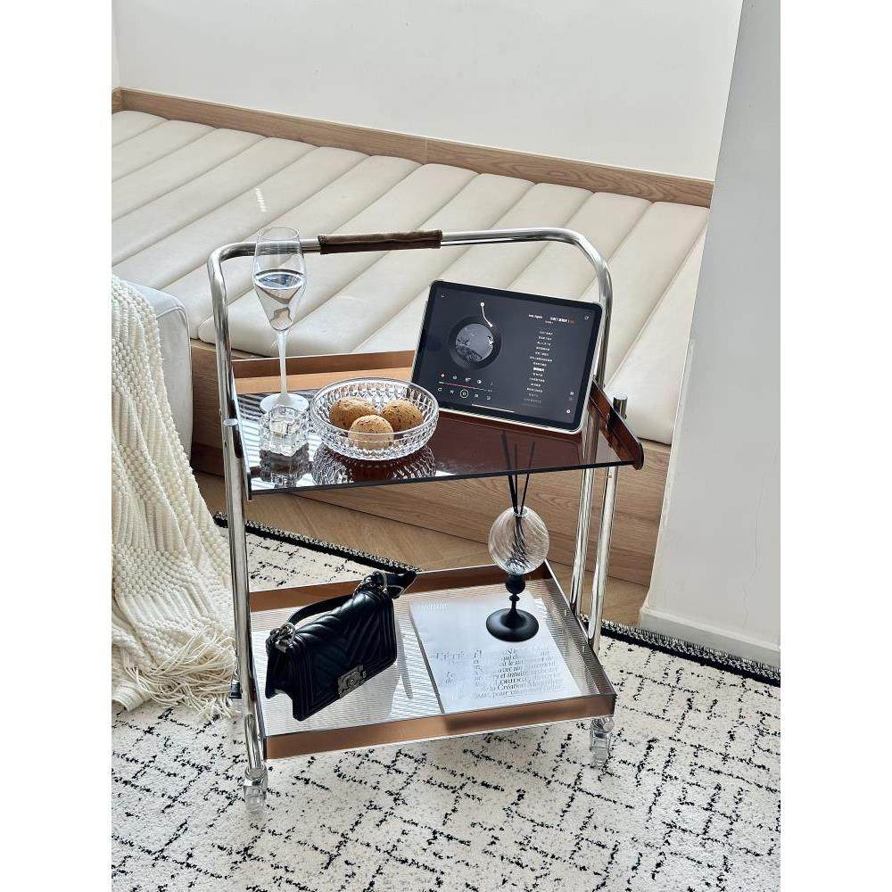 玖楼 中古小推车亚克力边几客厅茶几沙发可移动推车不锈钢置物架