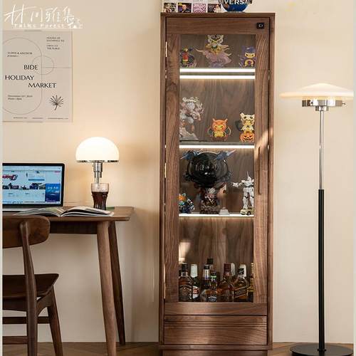 实木黑胡桃木展示柜玻璃防尘多功能柜客厅家用收纳靠墙模型收纳柜