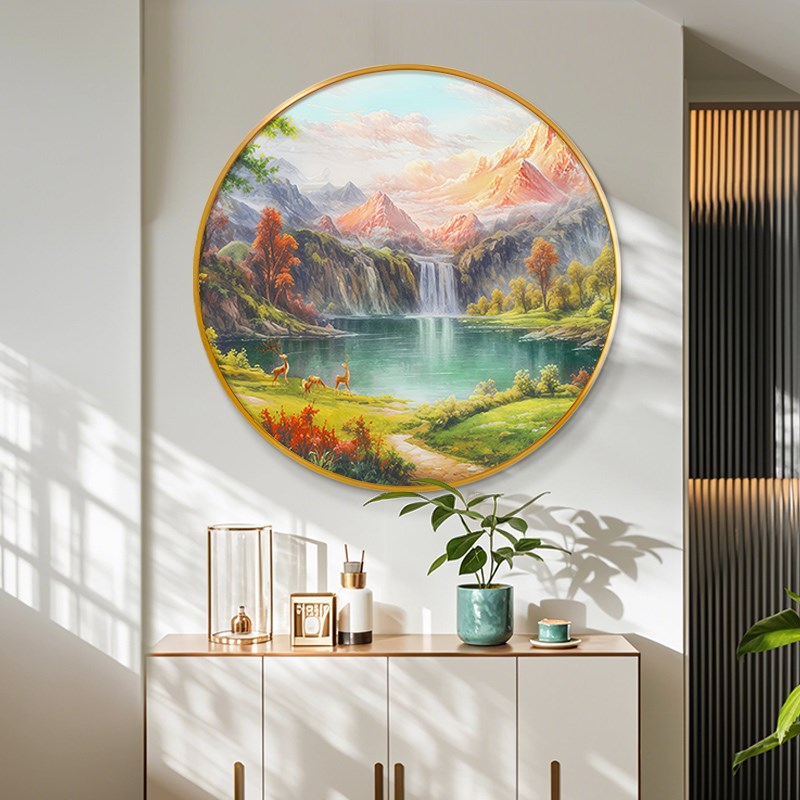 热销聚宝盆入户圆形玄关装饰画轻奢手绘油画走廊过道挂画山水风景图片
