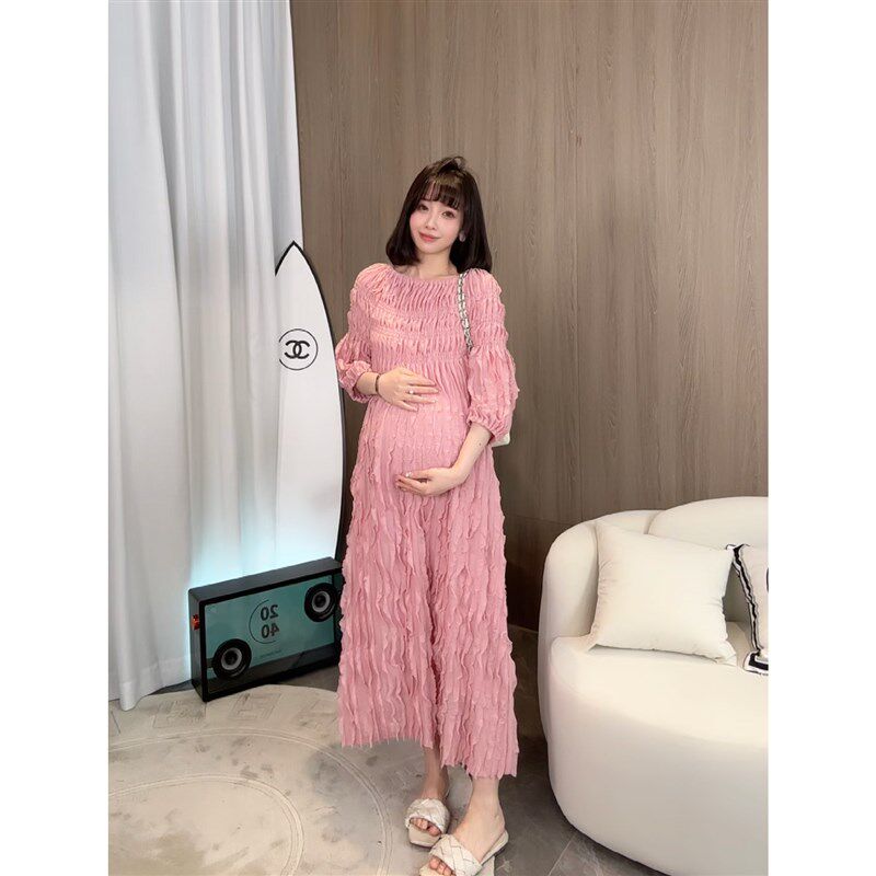 热销【花房似g锦】娜娜的孕期穿搭夏季孕妇装褶皱一字领连衣裙仙