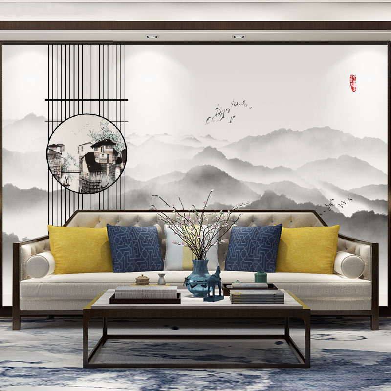 热销现代新中式壁画山水意境墙纸背景墙布江南风景客厅卧室书房2d
