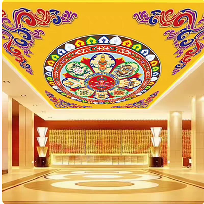 热销藏式佛堂背景墙纸顶棚祥云壁纸全屋定制寺庙莲花吊顶吉祥八宝