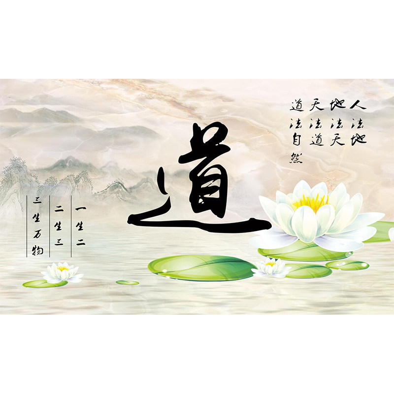 热销新中式道法自然背景墙纸墙布禅意荷花壁画定制道字道家壁纸壁