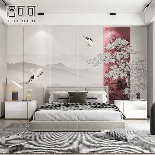 热销山水壁布新中式电视背景墙壁纸客厅沙发影视墙纸卧室墙布仙鹤