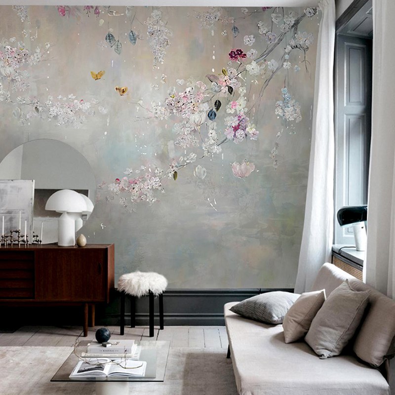 热销欧式客厅电视背景墙壁纸卧室手绘油画风格墙纸美式田园墙布灰