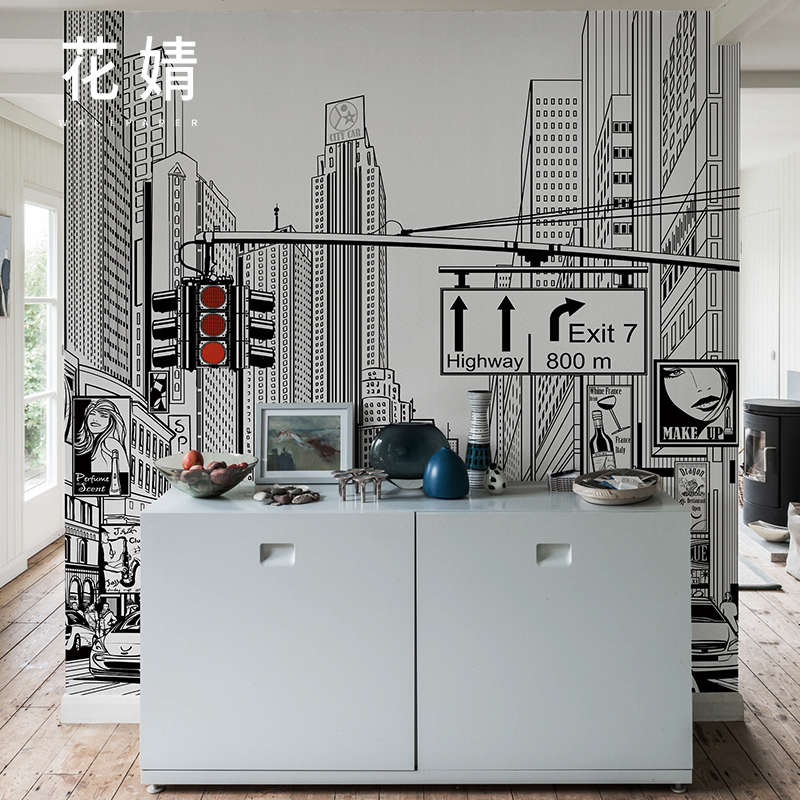 热销现代简约黑白城市壁纸电视背景墙纸墙布无缝客厅餐厅定制壁画