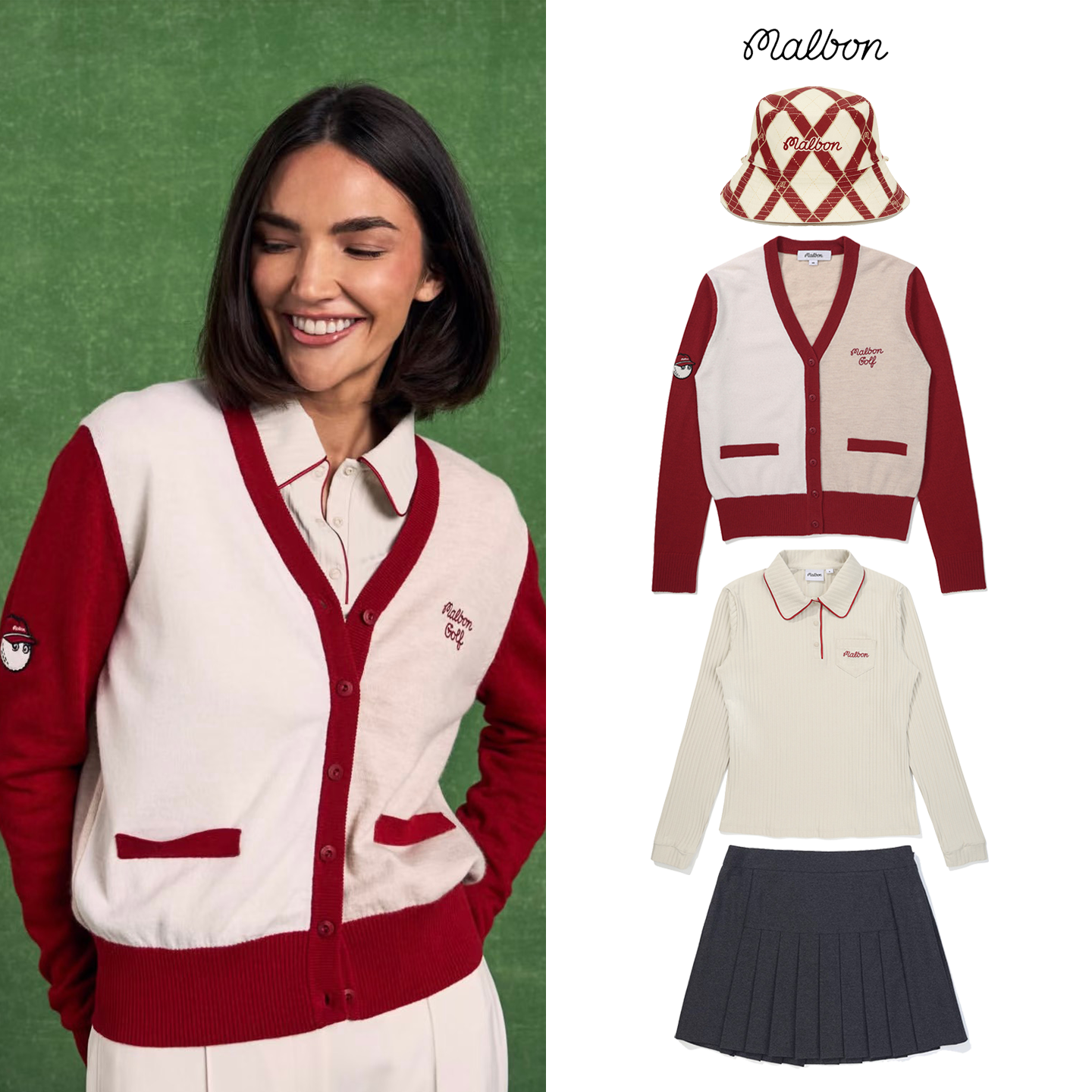 韩国MALBON高尔夫女装新品运动休闲套装渔夫帽针织衫长袖T恤短裙