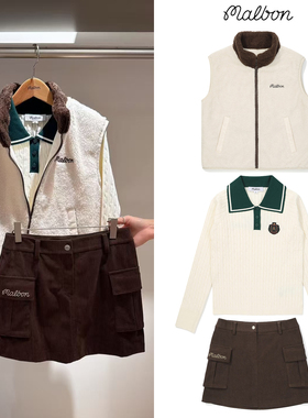 韩国MALBON高尔夫女装套装秋冬季双面穿羽绒服马甲长袖针织衫短裙