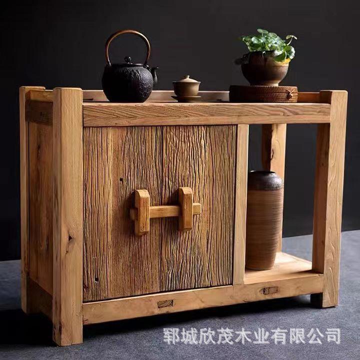 复古老榆木茶桌实木沙发边几茶水柜餐边柜阳台桌家用简易储物柜