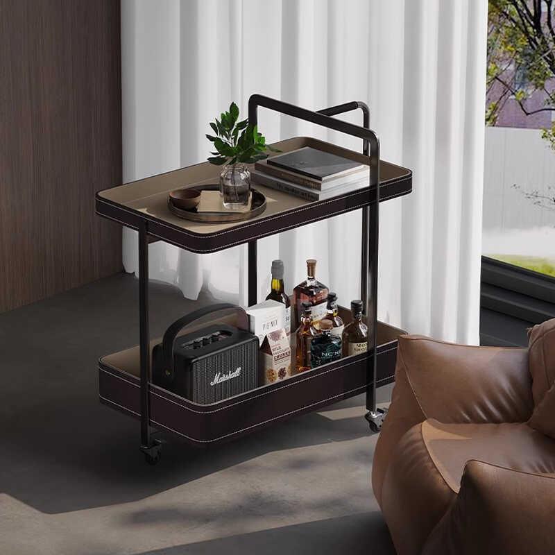#新款意式极简双层小茶几简约轻奢马鞍皮可移动边几小推车黑