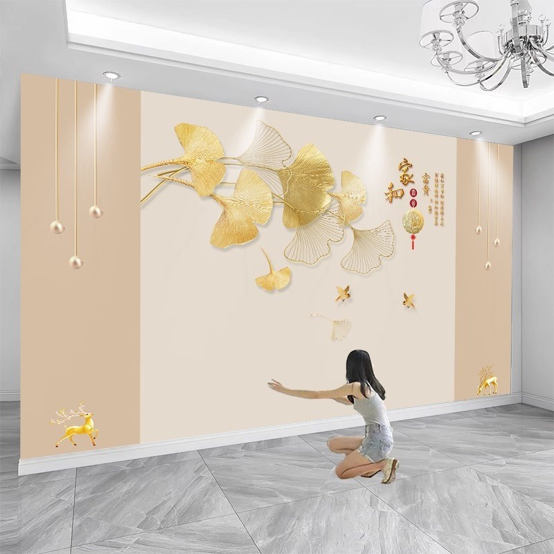 热销2025新款客厅电视背景墙壁纸3d立体壁布简约大气银杏叶定制壁