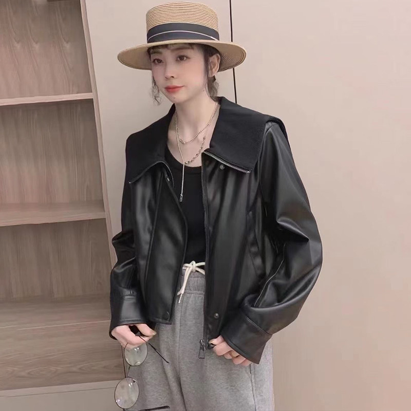直销欧货海军领短款皮衣外套女2023春季宽松显瘦黑色开衫机车夹克