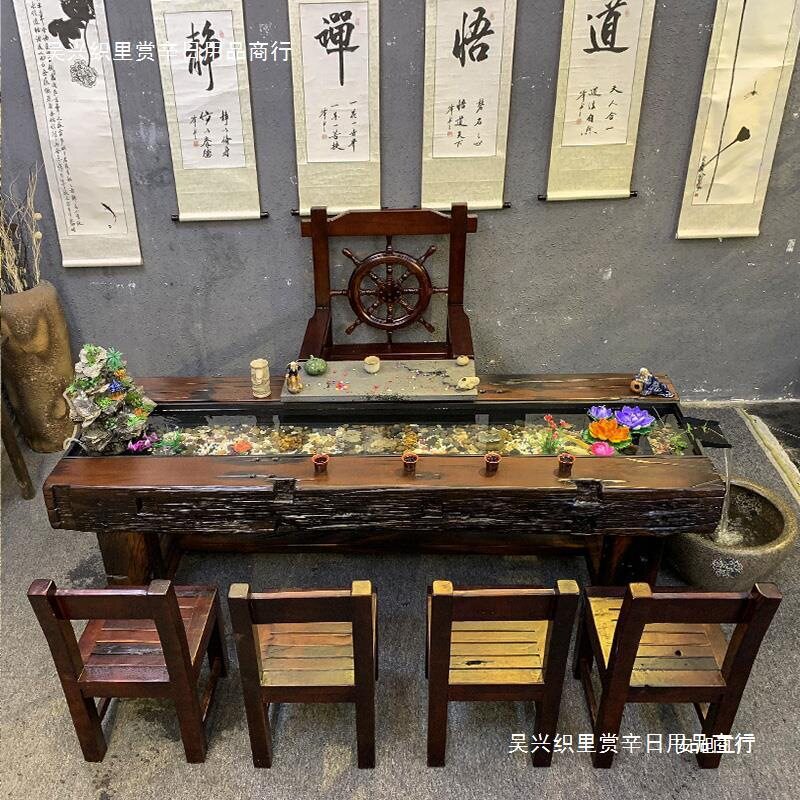 老船木阳台小茶桌茶道会客室做茶套装家用流水小茶几会客一桌五椅