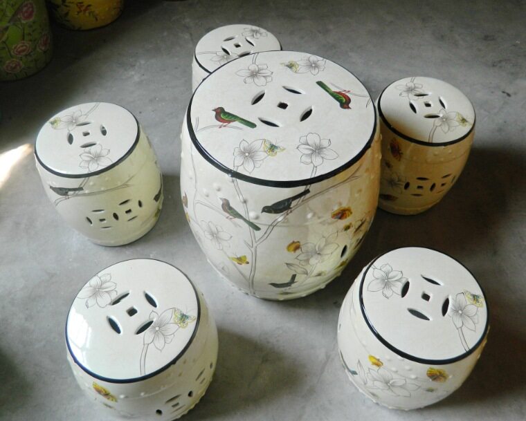 中式手绘花鸟陶瓷鼓凳落地摆件